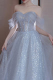 Light Sky Blue Off Shoulder A-Line Prom Dress
