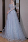 Light Sky Blue Off Shoulder A-Line Prom Dress