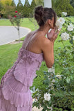 Lilac Purple Halter Ruffled Midi Dress