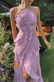 Lilac Purple Halter Ruffled Midi Dress