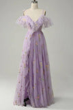 Lilac Off Shoulder High Split Prom Gown Evening Dress