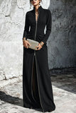 Long-Sleeve Maxi Dress Front Zipper Pleated Waist Gown