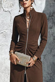 Long-Sleeve Maxi Dress Front Zipper Pleated Waist Gown