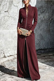 Long-Sleeve Maxi Dress Front Zipper Pleated Waist Gown