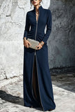 Long-Sleeve Maxi Dress Front Zipper Pleated Waist Gown