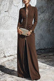 Long-Sleeve Maxi Dress Front Zipper Pleated Waist Gown