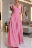 Long Pink Cut Out Chiffon A-Line Maxi Dress