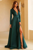 Dark Green Long Sleeve A-Line Plunging Evening Dresses