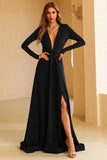 Dark Green Long Sleeve A-Line Plunging Evening Dresses