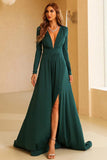 Dark Green Long Sleeve A-Line Plunging Evening Dresses