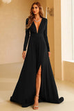 Dark Green Long Sleeve A-Line Plunging Evening Dresses