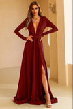 Dark Green Long Sleeve A-Line Plunging Evening Dresses