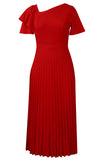 Midi Red A-Line Pleated Dress