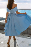 Midi Sky Blue Off Shoulder Cocktail Party Dress