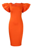 Mid Length Orange Square Neckline Bodycon Dress