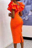 Mid Length Orange Square Neckline Bodycon Dress