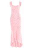 Pink Lace Mermaid Sleeveless Prom Evening Dresses