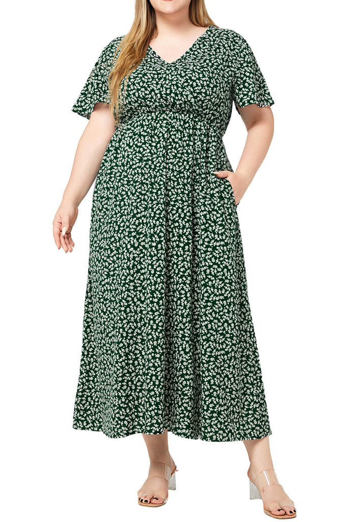 Floral V-neck Short-sleeved Plus Size Green Bohemian Beach Dresses Mislish Floral V-neck Short-sleeved Plus Size Green Bohemian Beach Dresses Mislish