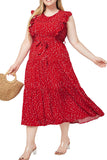 Plus Size Red Print Sleeveless A-Line Midi Dress