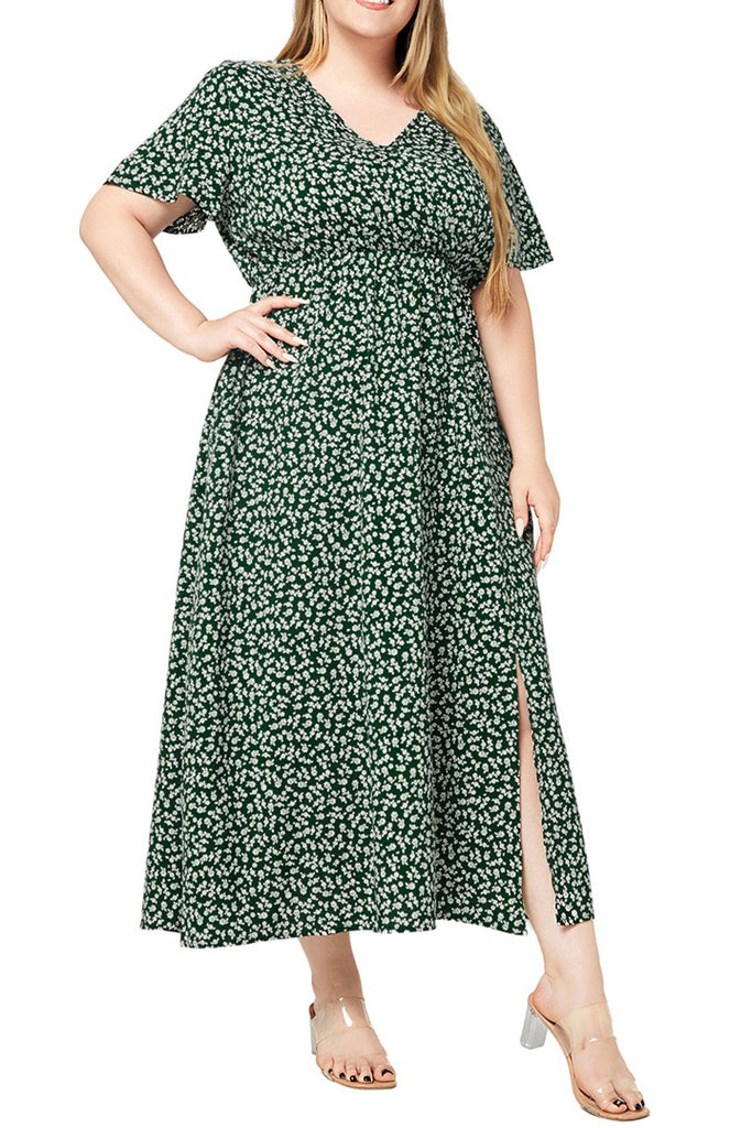 Floral V-neck Short-sleeved Plus Size Green Bohemian Beach Dresses Mislish Floral V-neck Short-sleeved Plus Size Green Bohemian Beach Dresses Mislish