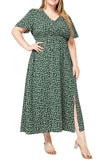 Floral V-neck Short-sleeved Plus Size Green Bohemian Beach Dress