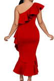 Red One Shoulder Mermaid Party Cocktail Dress