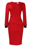 Red Knee Length Long Sleeve Office Dress
