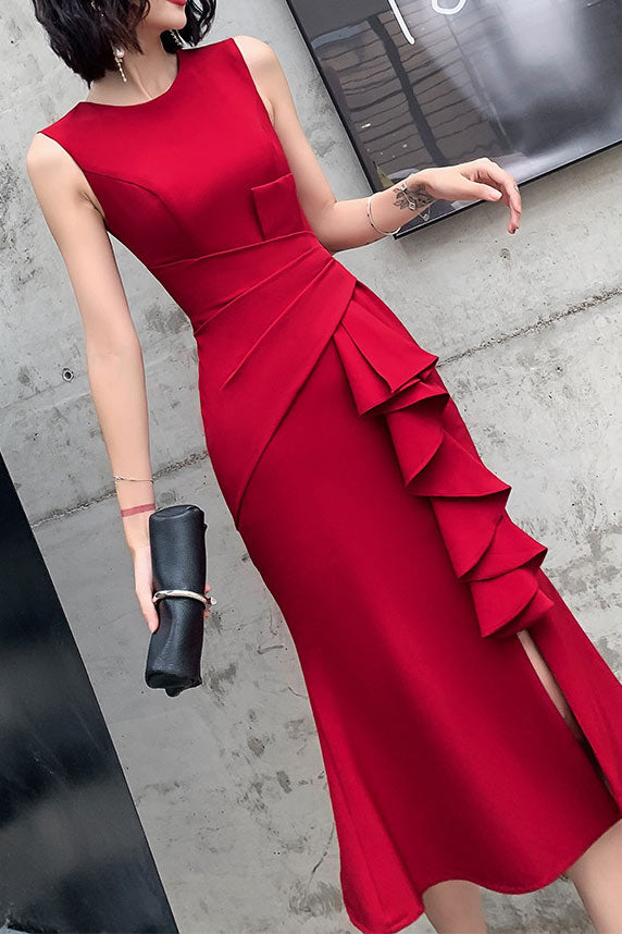 Red Sleeveless Midi Cocktail Party Dress
