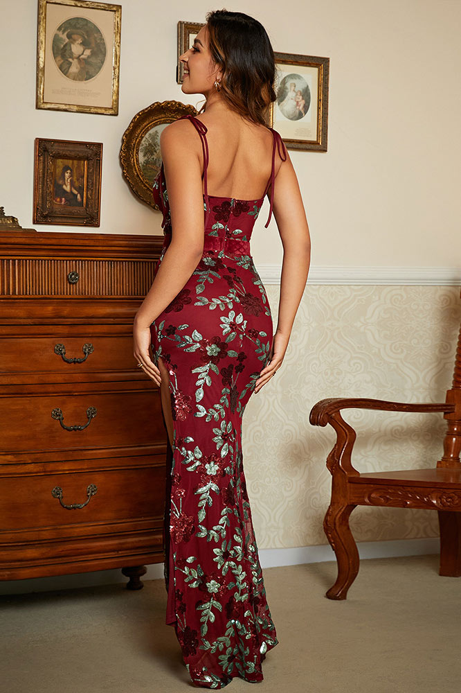 Sexy Burgundy Print Side Slit Prom Evening Dress