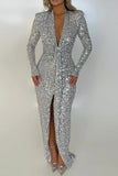 Sexy Silver Sequins Long Sleeve Plunging Prom Evening Dress