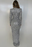 Sexy Silver Sequins Long Sleeve Plunging Prom Evening Dress