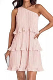 Short Pearl Pink One Shoulder Pleaseted Party Dress