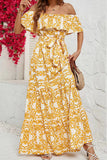 Yellow Print Off-Shoulder A-Line Maxi Dresses