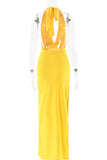 Yellow Open Back Halter Evening Gown Prom Dress