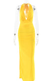 Yellow Open Back Halter Evening Gown Prom Dress