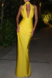 Yellow Open Back Halter Evening Gown Prom Dress