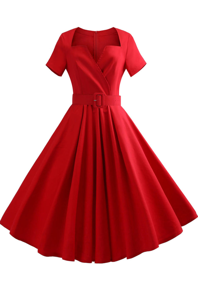 Red V-neck A-line Retro Dress - Mislish