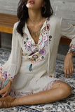 V-neck Tassel Drawstring Embroidered Dress - Mislish