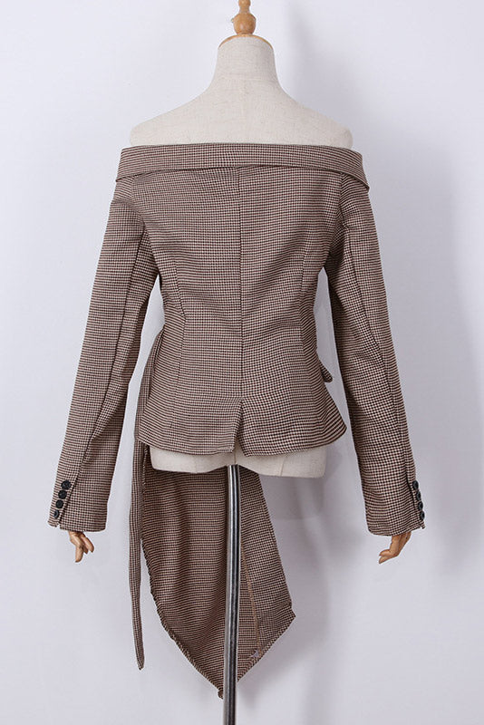 Fashion Asymmetric Plaid Shirt Off Shoulder Long Sleeve Top Coat