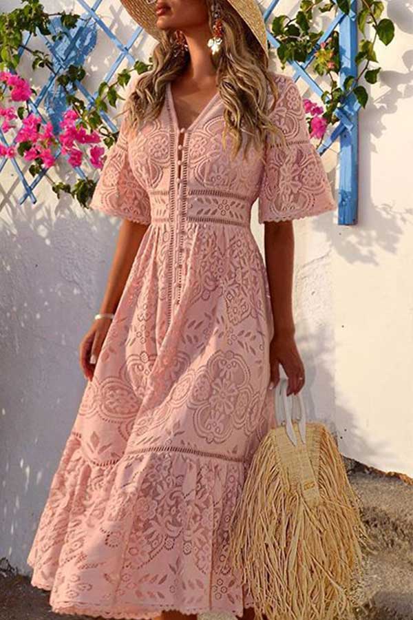 Ruffled V-neck Button Up Lace Dress