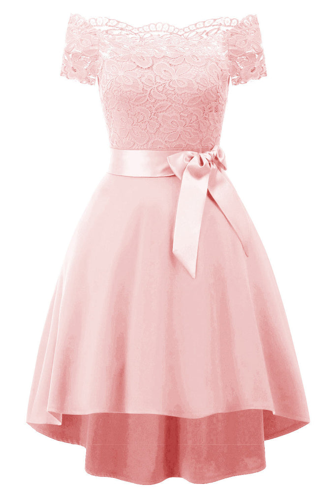 Burgundy Lace Off Shoulder High Low Prom Dress - Mislish