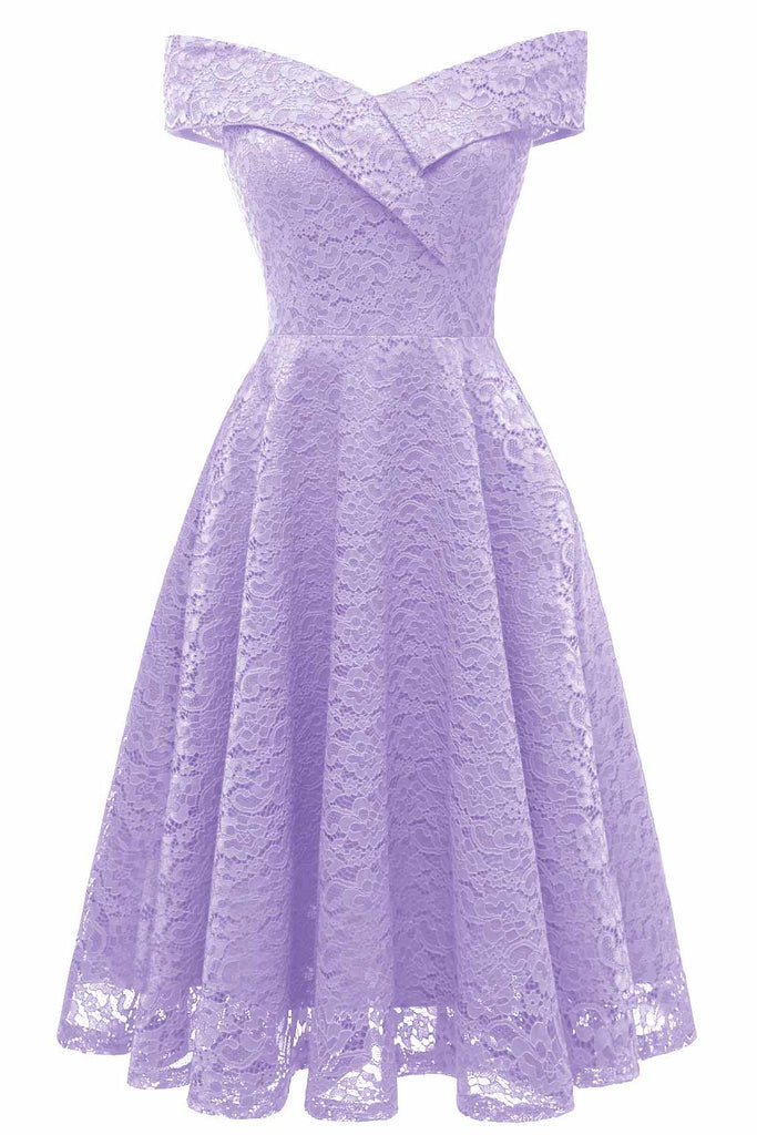 Purple Off-the-shoulder Lace Midi Prom Dress - Mislish