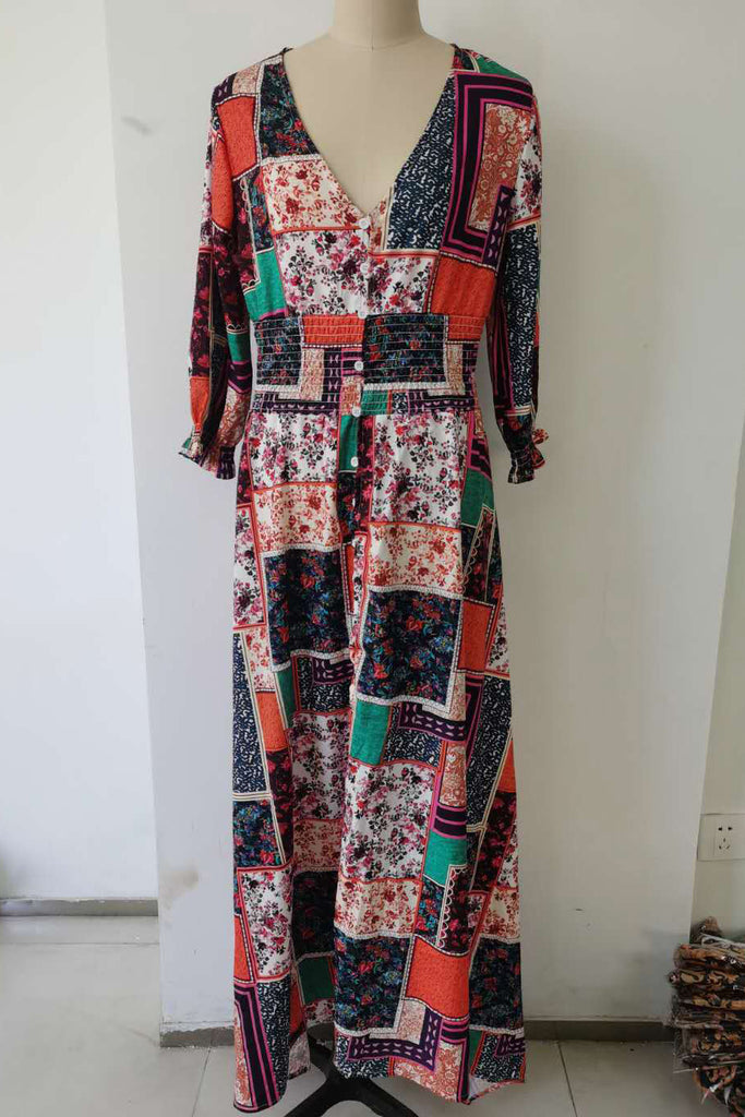 A-Line V-Neck Print Maxi Dress