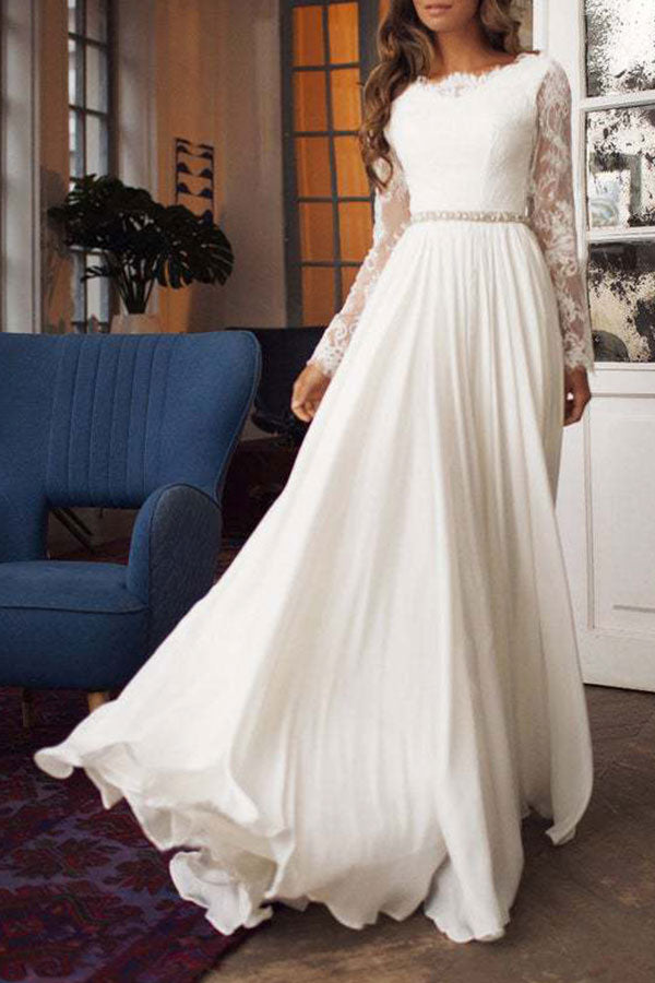 White Backless Lace Panel Prom Dress - Mislish