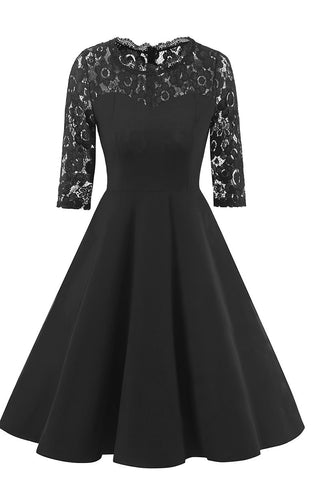 Black A-line Lace Fit And Flare Prom Dress With Half Sleeves - Mislish