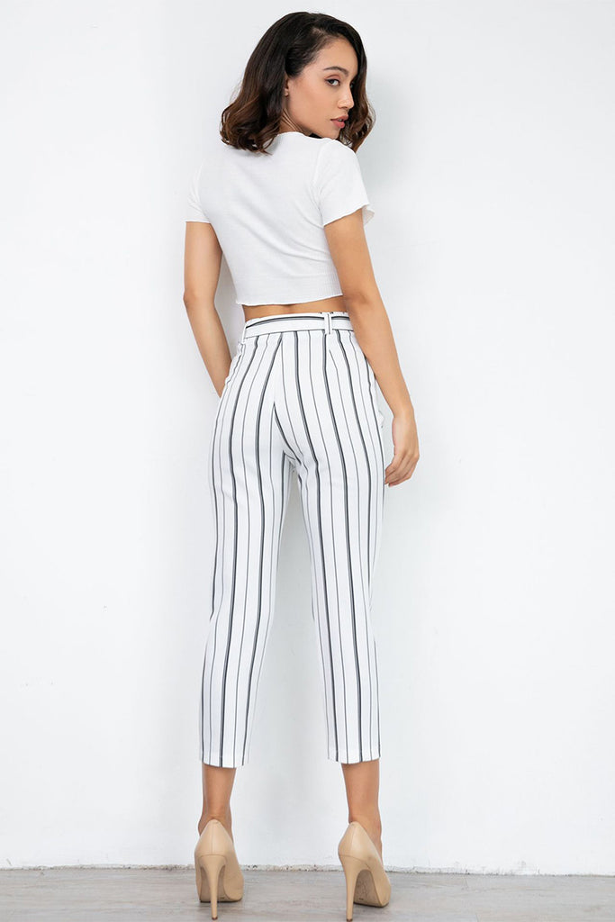 Black And White Striped Empire Belted Pants - Mislish