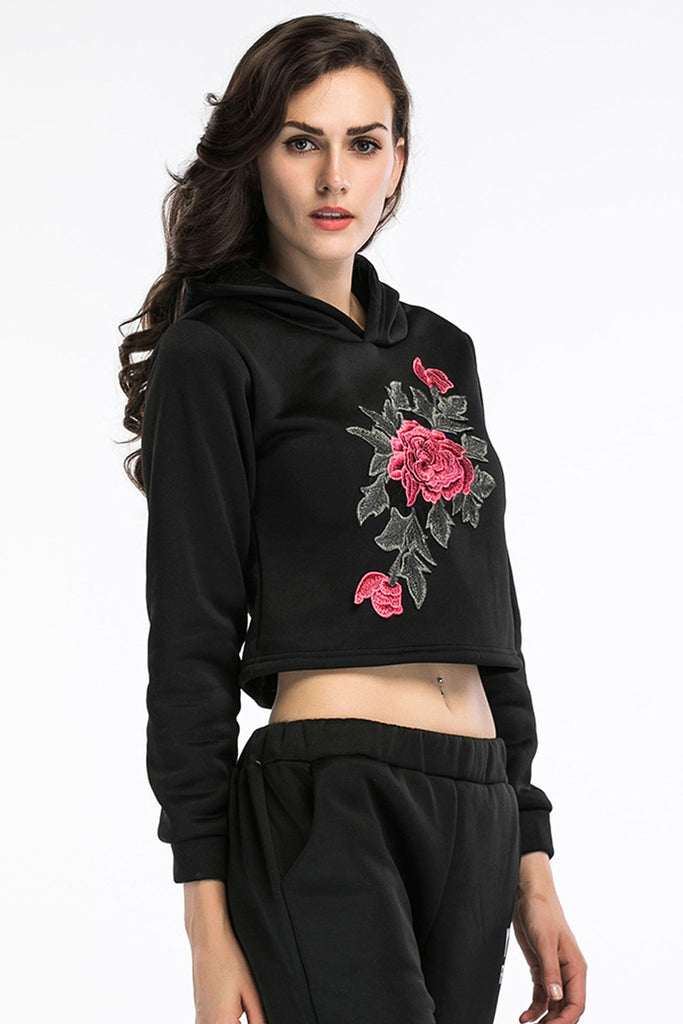 Black Flower Embroidered Crop Sweatshirt - Mislish