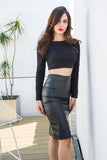 Black High Waist Fitted Leather Skirt - Mislish