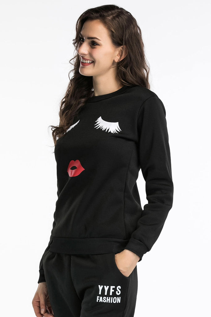 Black Lip Print Pullover Sweatshirt - Mislish