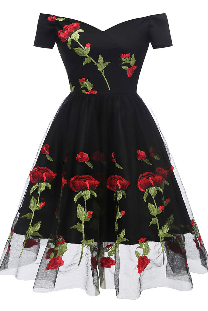 Black Off-the-shoulder Rose Embroidered A-line Prom Dress Mislish Black Off-the-shoulder Rose Embroidered A-line Prom Dress Mislish